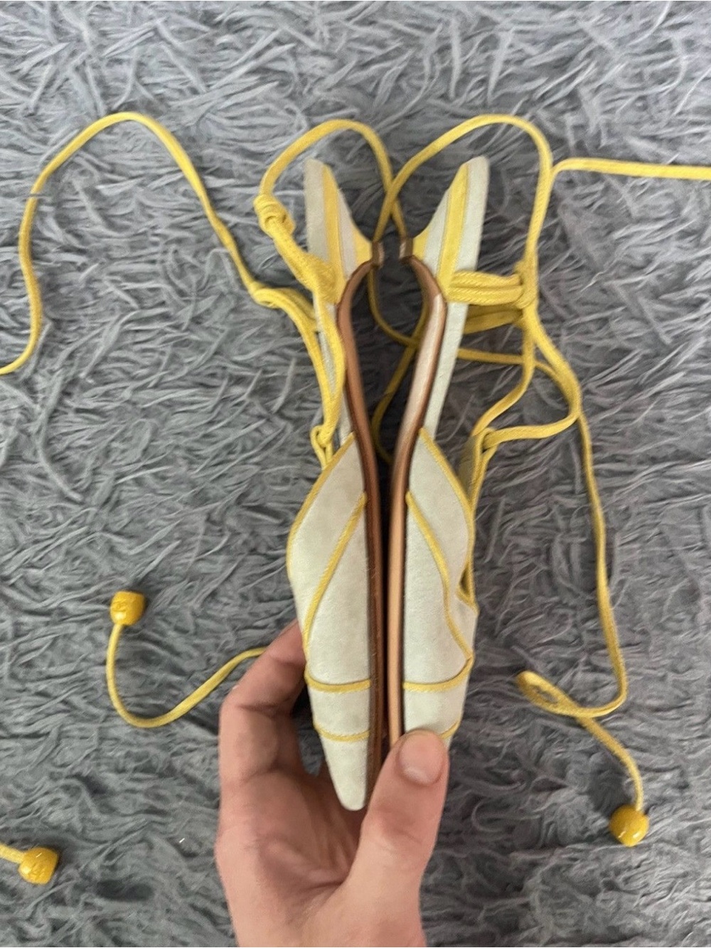 Vintage Chanel pale yellow and off-white suede lace-up flat sandals - Picture 3 of 8
